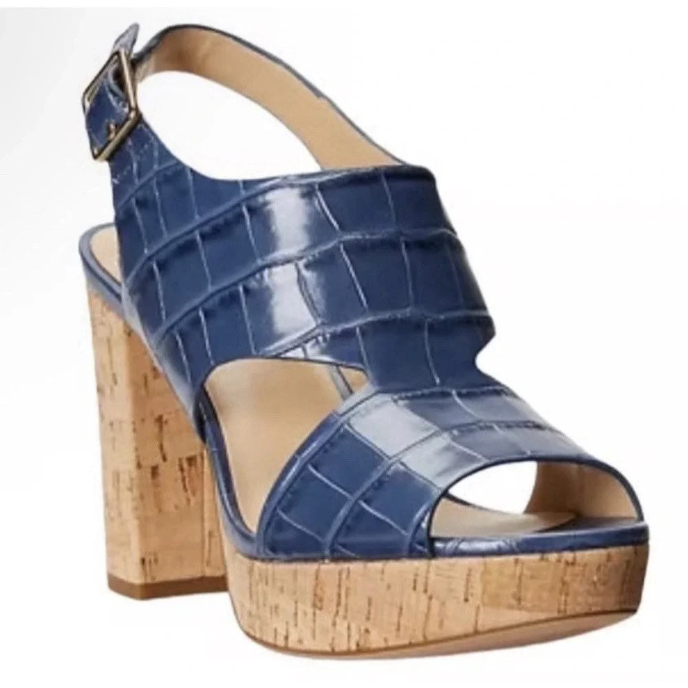 Lauren Ralph Lauren Feona blue Embossed Platform Sandals Buff Size 6